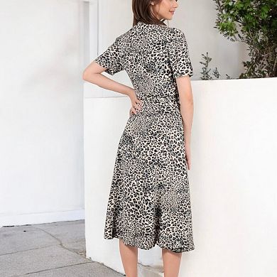 Women's Leopard Print Midi Dress with Short Sleeves and Waist Tie