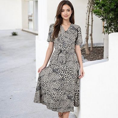 Women's Leopard Print Midi Dress with Short Sleeves and Waist Tie