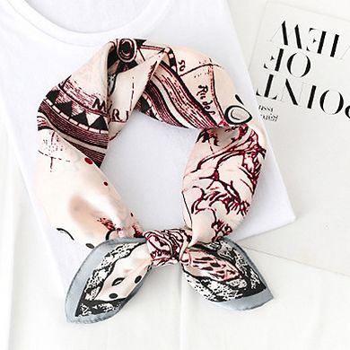 Women's Vintage-Inspired Satin Scarf with Artistic Print and Map Detail