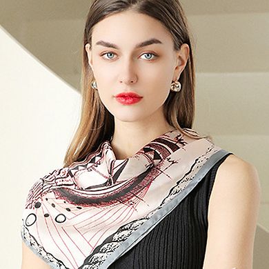 Women's Vintage-Inspired Satin Scarf with Artistic Print and Map Detail