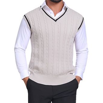 Men's Solid Color V-Neck Sleeveless Cable Knitted Sweater Vest