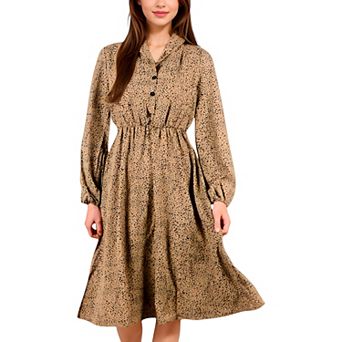 Women's Collared Button-Down Midi Dress with Elastic Waist