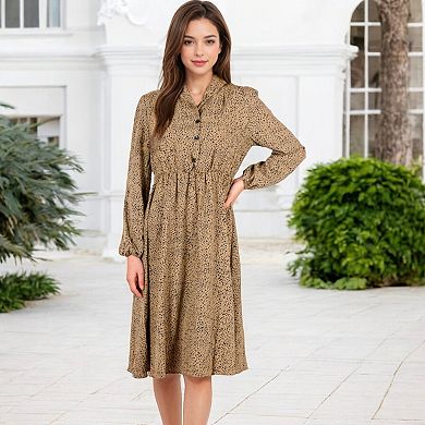 Women's Collared Button-Down Midi Dress with Elastic Waist
