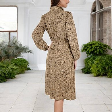 Women's Collared Button-Down Midi Dress with Elastic Waist