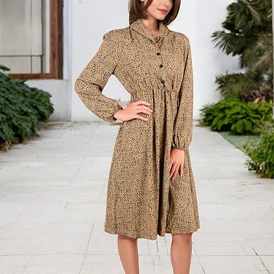 Women's Collared Button-Down Midi Dress with Elastic Waist