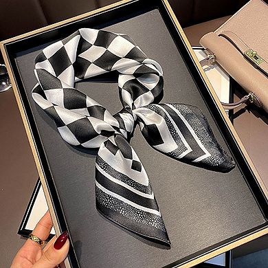 Women's Silky Square Neck Scarf with Abstract Floral Pattern for Hair and Bag Styling