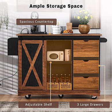 Merax 55.5" Farmhouse Kitchen Island with Drop Leaf, Kitchen Storage Island with Barn Door