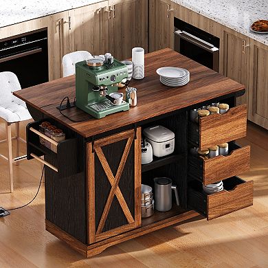 Merax 55.5" Farmhouse Kitchen Island with Drop Leaf, Kitchen Storage Island with Barn Door