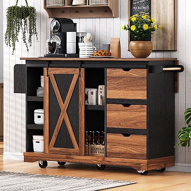 Merax 55.5" Farmhouse Kitchen Island with Drop Leaf, Kitchen Storage Island with Barn Door