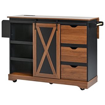 Merax 55.5" Farmhouse Kitchen Island with Drop Leaf, Kitchen Storage Island with Barn Door