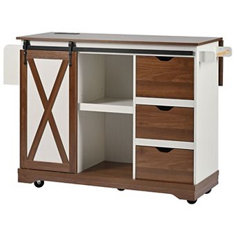 Merax 55.5" Farmhouse Kitchen Island with Drop Leaf, Kitchen Storage Island with Barn Door