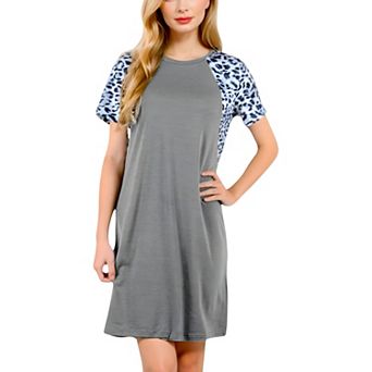 Women's Short Sleeve Leopard Print Raglan T-Shirt Dress with Relaxed Fit