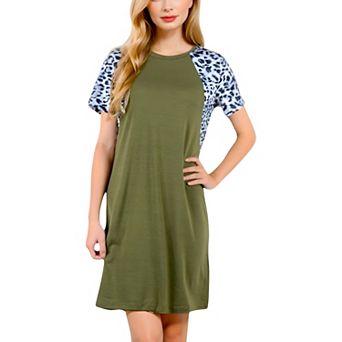 Women's Short Sleeve Leopard Print Raglan T-Shirt Dress with Relaxed Fit