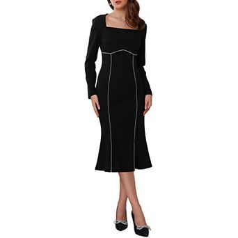 Women's Square Neck Dress Wedding Guest Long Sleeve Formal Cocktail Elegant Midi Fishtail Dresses