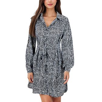 Women's Long Sleeve Polka Dot Shirt Dress with Button Front and Gathered Waist