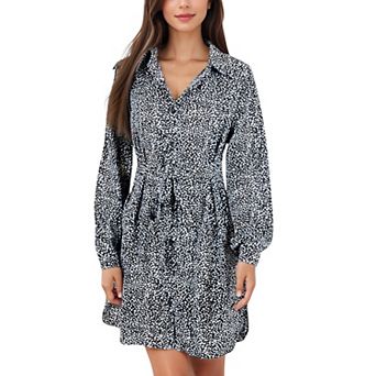 Women's Long Sleeve Polka Dot Shirt Dress with Button Front and Gathered Waist