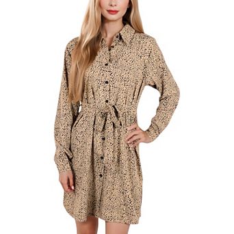 Women's Long Sleeve Polka Dot Shirt Dress with Button Front and Gathered Waist