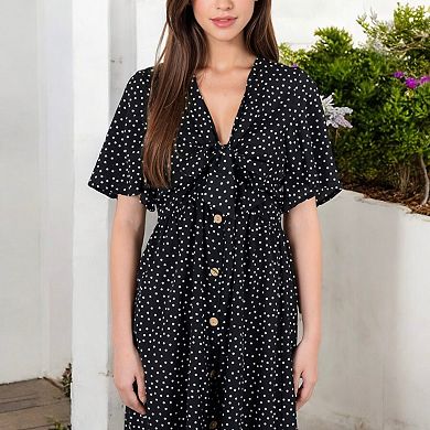 Women's Polka Dot Midi Dress with Front Tie Detail Short Sleeves and Button Front Design