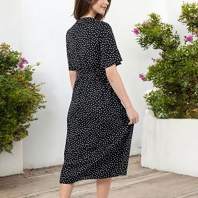Women's Polka Dot Midi Dress with Front Tie Detail Short Sleeves and Button Front Design