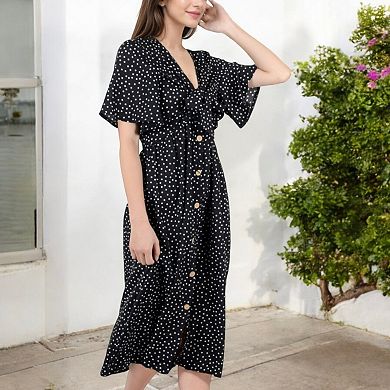 Women's Polka Dot Midi Dress with Front Tie Detail Short Sleeves and Button Front Design