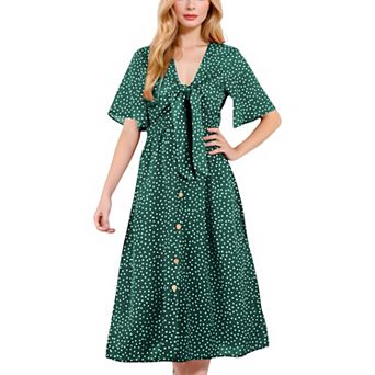 Women's Polka Dot Midi Dress with Front Tie Detail Short Sleeves and Button Front Design