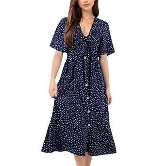 Women's Polka Dot Midi Dress with Front Tie Detail Short Sleeves and Button Front Design