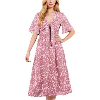 Women's Polka Dot Midi Dress with Front Tie Detail Short Sleeves and Button Front Design