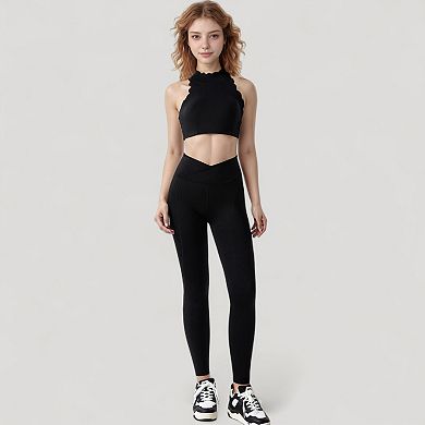 Women's High Waist Crossover Leggings with V-Waistband and Full-Length Stretch Fit