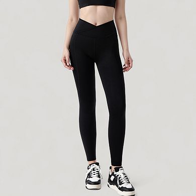Women's High Waist Crossover Leggings with V-Waistband and Full-Length Stretch Fit