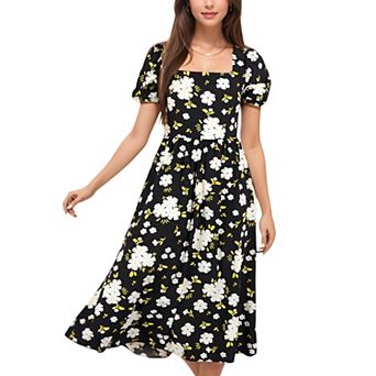 Women's Floral Midi Dress with Square Neckline and Flowy Skirt