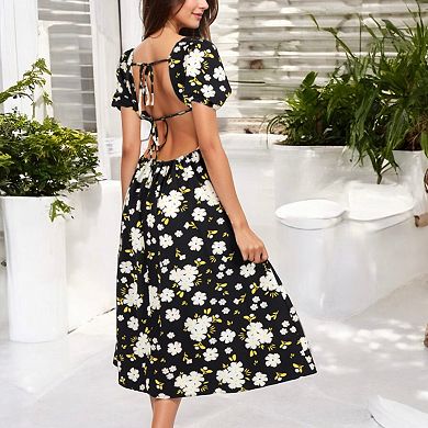 Women's Floral Midi Dress with Square Neckline and Flowy Skirt