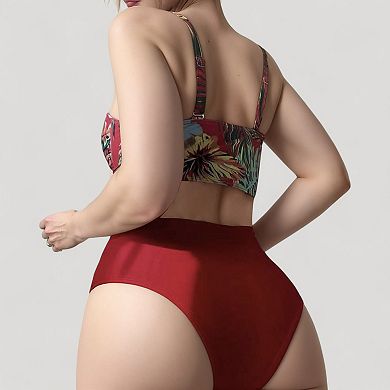 Women's Tropical Print Longline Bikini Top with High Waist Bottom and Lattice Side Details