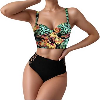 Women's Tropical Print Longline Bikini Top with High Waist Bottom and Lattice Side Details