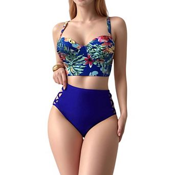 Women's Tropical Print Longline Bikini Top with High Waist Bottom and Lattice Side Details