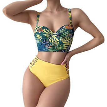 Women's Tropical Print Longline Bikini Top with High Waist Bottom and Lattice Side Details