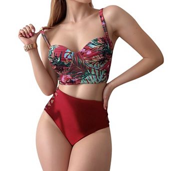 Women's Tropical Print Longline Bikini Top with High Waist Bottom and Lattice Side Details