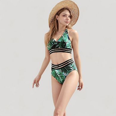 Women's Leopard Print Bikini Set with Striped Elastic Halter Top and High Waist Bottoms