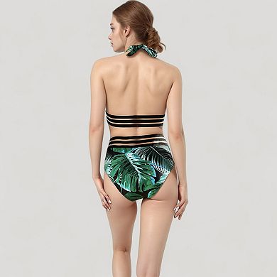Women's Leopard Print Bikini Set with Striped Elastic Halter Top and High Waist Bottoms