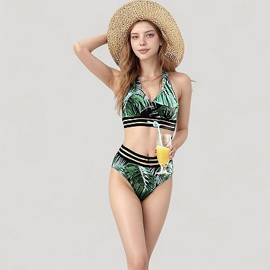 Women's Leopard Print Bikini Set with Striped Elastic Halter Top and High Waist Bottoms