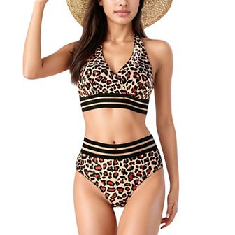 Women's Leopard Print Bikini Set with Striped Elastic Halter Top and High Waist Bottoms