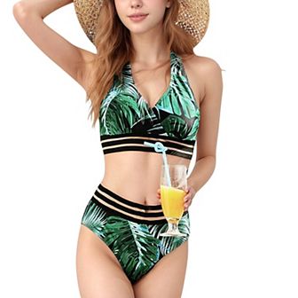Women's Leopard Print Bikini Set with Striped Elastic Halter Top and High Waist Bottoms