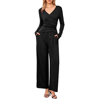 2 pc Casual Sets for Women's Long Sleeve V Neck Drawstring Elastic Waist Wide Leg Tracksuits