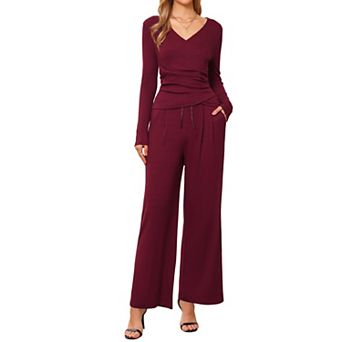 2 pc Casual Sets for Women's Long Sleeve V Neck Drawstring Elastic Waist Wide Leg Tracksuits