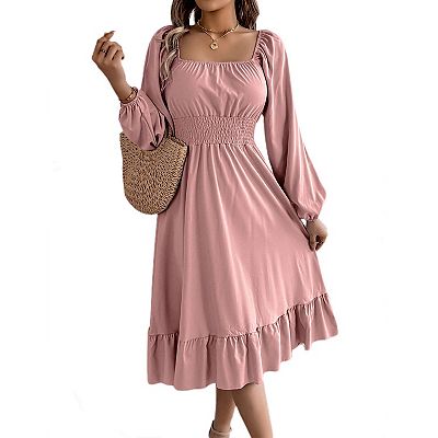 Women's Spring Summer Fall Long Sleeve Square Neck Smocked Waist Casual Vacation Tiered Flowy Midi Dress