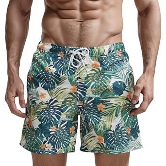 Men's Tropical Leaf and Floral Print Swim Trunks with Quick-Dry Fabric and Drawstring Waist