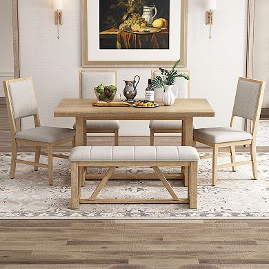 Merax 6-Piece Retro Dining Table Set for 6, 60" Wood Kitchen Table and Chairs Set of 4 with Bench
