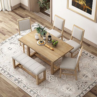Merax 6-Piece Retro Dining Table Set for 6, 60" Wood Kitchen Table and Chairs Set of 4 with Bench