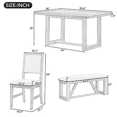 Merax 6-Piece Retro Dining Table Set for 6, 60" Wood Kitchen Table and Chairs Set of 4 with Bench