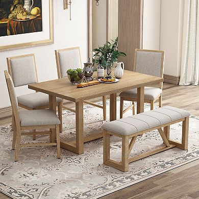 Merax 6-Piece Retro Dining Table Set for 6, 60" Wood Kitchen Table and Chairs Set of 4 with Bench