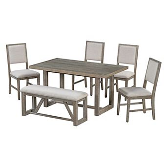 Merax 6 pc Retro Dining Table Set for 6, 60" Wood Kitchen Table and Chairs Set of 4 with Bench